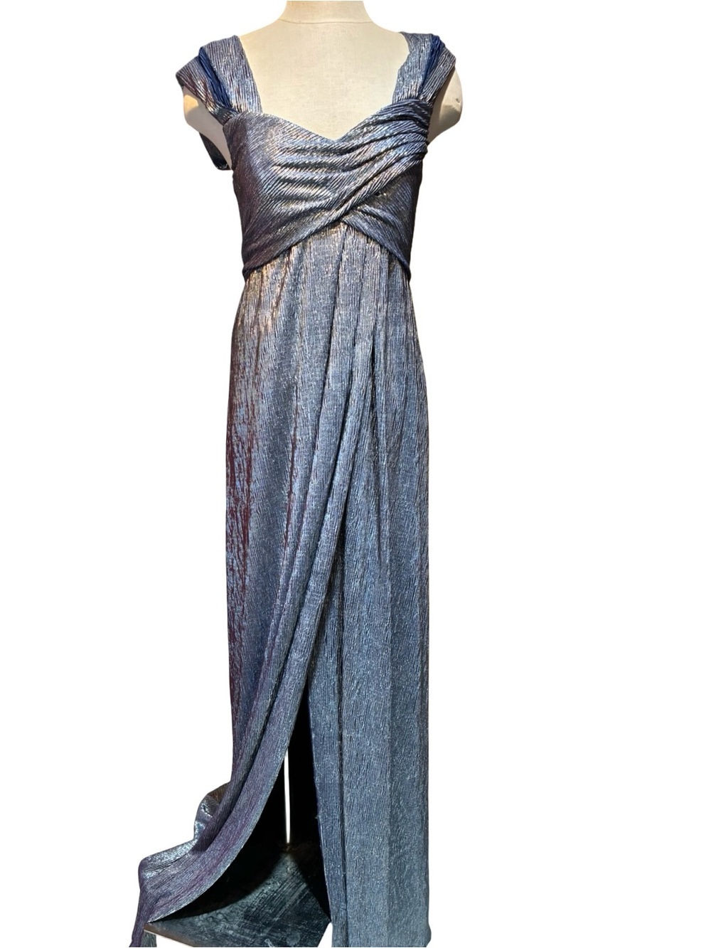 Rene Ruiz Metallic Slate Blue Draped Maxi Gown